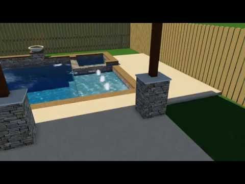 Stacked stone pool and patio design by Blue Science in Houston (713-636-5751)