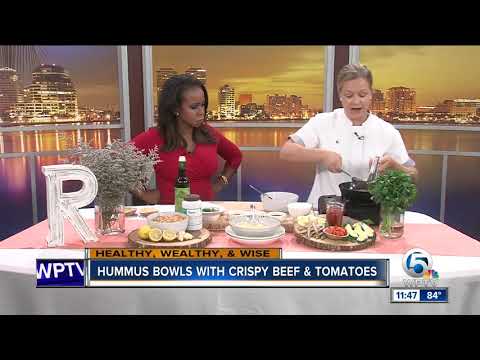 Hummus bowls with crispy beef and tomatoes