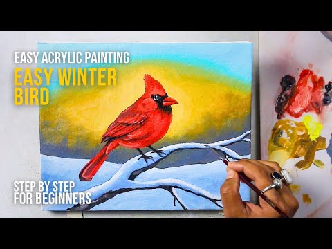 Easy Winter Cardinal Bird Acrylic Painting - Step by Step for Beginners