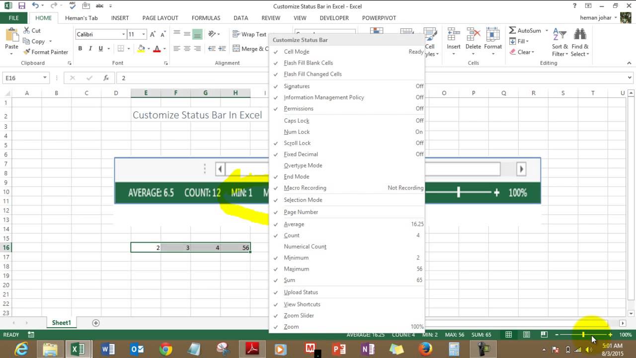 Customize Status Bar In Excel