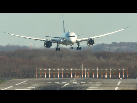 CROSSWIND LANDINGS during SUNNY Weather at Düsseldorf - BOEING 787 Comeback, Airbus A350 ... (4K)