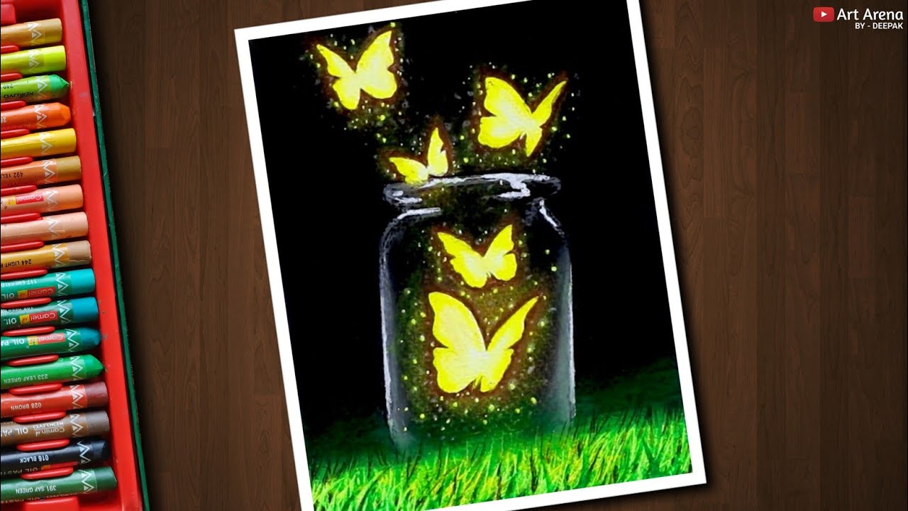 Drawing magical glowing butterfly with oil pastels