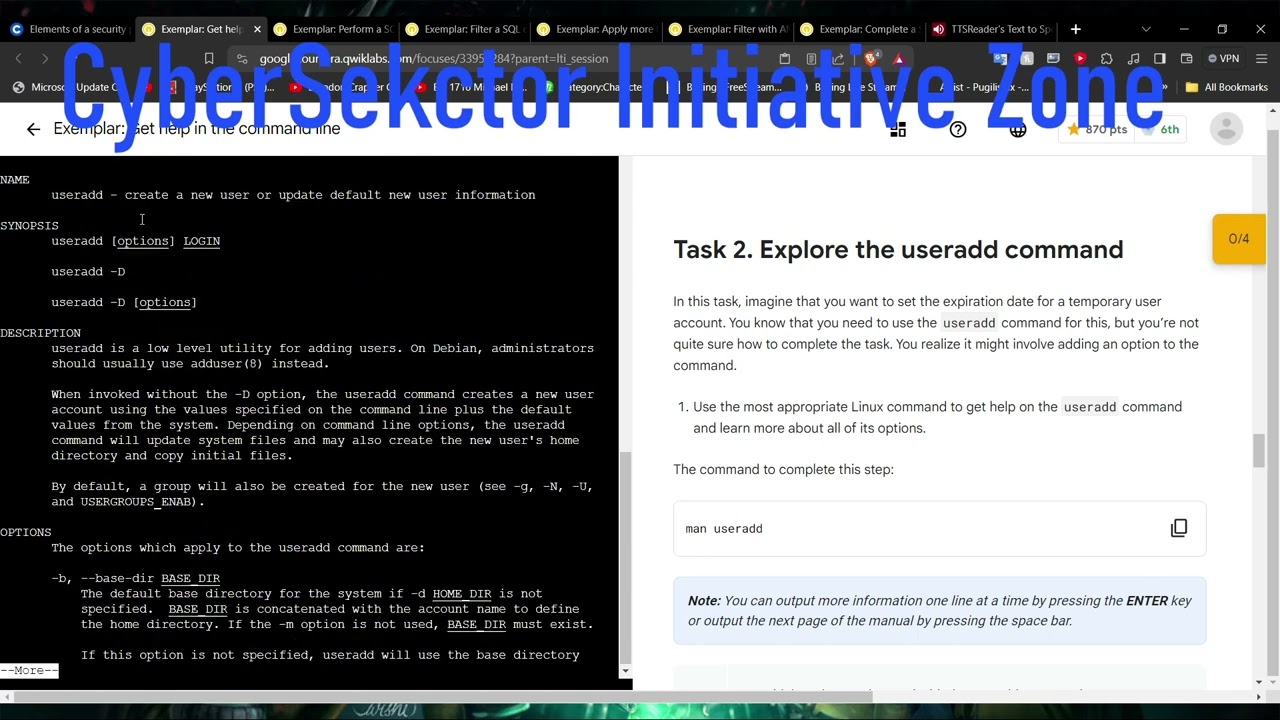 Google Cybersec Certificate Linux Lab; Get Help in the Command Line