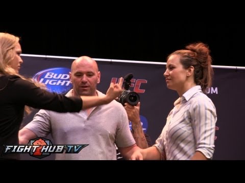 RONDA ROUSEY FLIPS OFF MIESHA TATE IN HEATED FIRST FACE OFF!