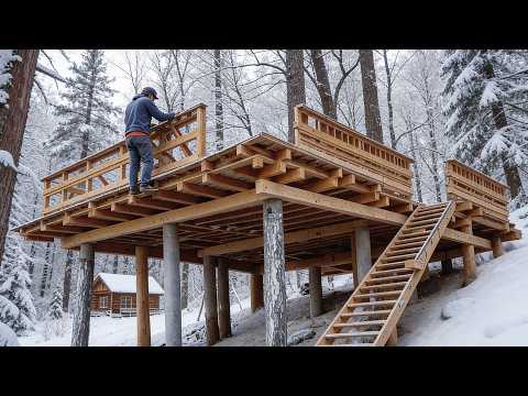 60 Days Alone: Building a Raised Cabin in the Snowy Forest