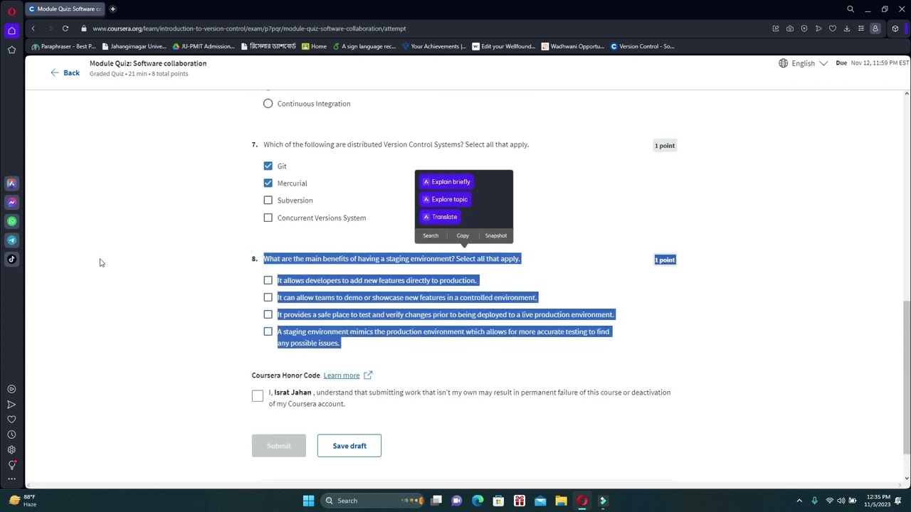 Module Quiz: Software collaboration Coursera | Version Control