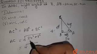 In `DeltaABC`, right-angled at B,AB=24cm,BC=7cm.  Determine :  | Class 10 MATH | Doubtnut