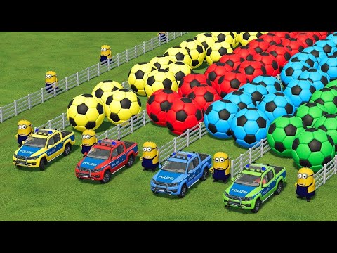 POLICE CARS OF COLORS ! FOOTBALL WHEELS & GIANT STRAWBERRY w/ TRUCKS ! Farming Simulator 22