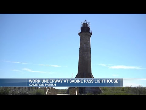 Volunteers work at historic Sabine Pass Lighthouse, preparing to replace stairwell