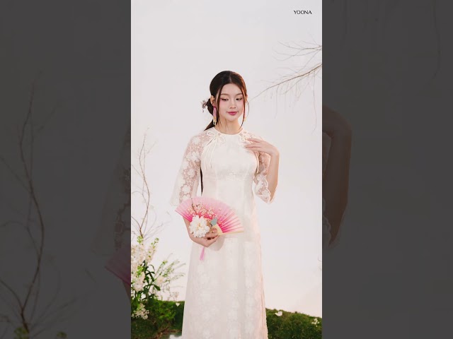 ND25B638 - Sét bộ áo dài tơ thêu hoa mai 3D