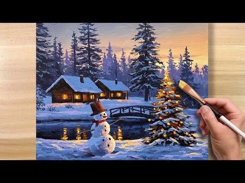 Acrylic Painting TIME-LAPSE | Winter Snowman Landscape