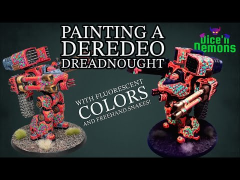 How to paint a Deredeo Dreadnought for Warhammer Horus Heresy with neon colors and freehand snakes!