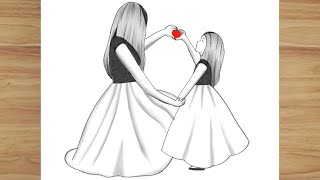 Very Easy Mother and Daughter Drawing for Mother's Day | Easy Mother's Day drawing pencil sketch