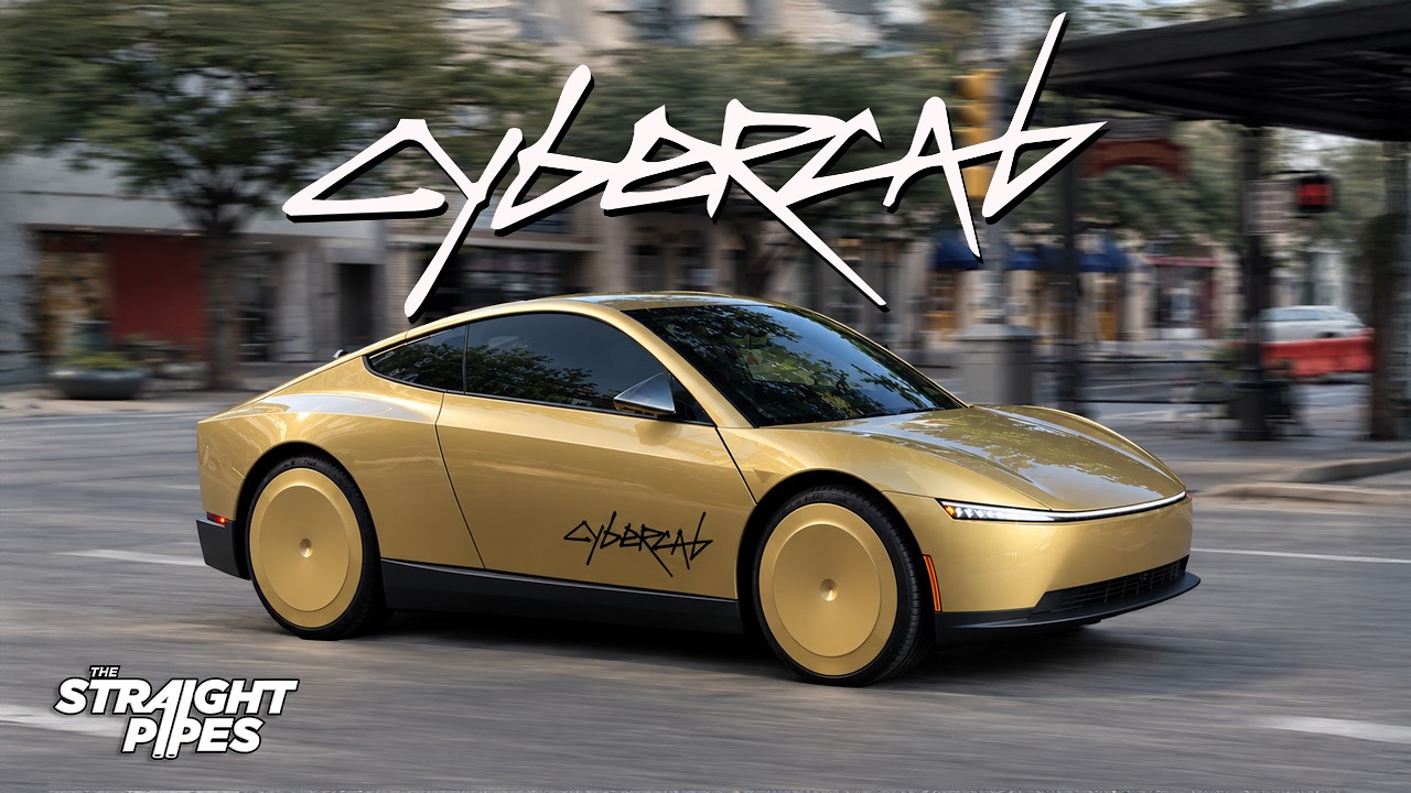 Interior of a two seat Tesla Cybercab with no steering wheel