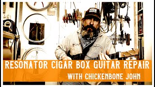 Sorting out the action on a resonator cigar box guitar, with ChickenboneJohn