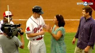 Air Force Staff Sergeant, Trey Murphy recently returned home from Afghanistan and decided to surprise his family in a unique way. Murphy trained with the Greenville Drive, a minor league baseball team in Greenville, South Carolina, and planned to surprise his family in the middle of the game. The family was invited onto the field to talk about Trey’s service. Disguised in a baseball uniform, Trey surprises his family during the interview leaving his mother and audience members in tears.