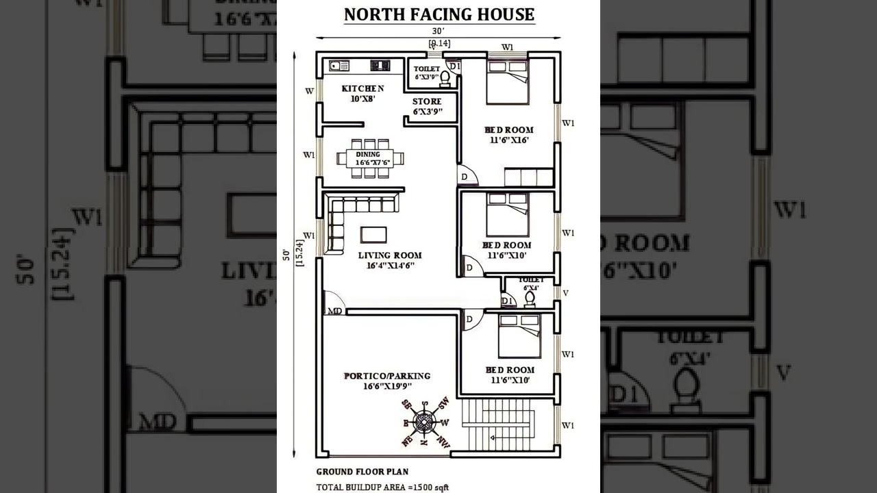 30' x 50' ground floor design | 2d 3bhk home plan | 1500 sqft home design | north facing house plan