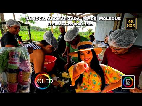 Tapioca saborizada com açaí e maracujá, amendoim quebradiço, tudo em Japurá, Amazonas.