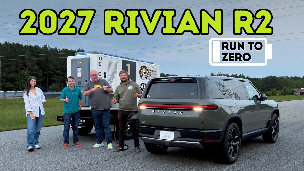 Rivian R2 electric SUV being run to zero state of charge on a test track