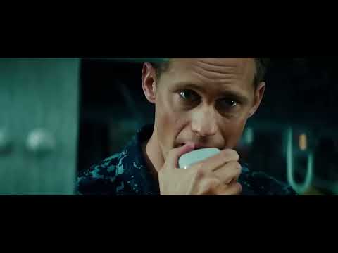 Battleship (2012) official trailer still — destroyers facing a rising alien ship, soundtrack primer
