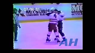 OHL Oct. 15, 1988 Steve DeGurse,PET v Bob Boughner,SSM Peterborough Petes Sault Ste. Marie Greyhound
