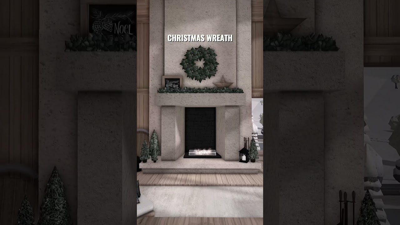 Bloxburg house living room, fireplace, christmas wreath garland decor build ideas decal 🤍 #bloxburg