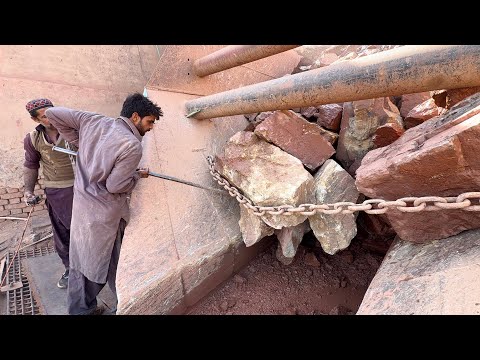 Giant Rock Jam in Crusher | Workers Break Massive Stones to Clear Hopper (Satisfying Crushing Action