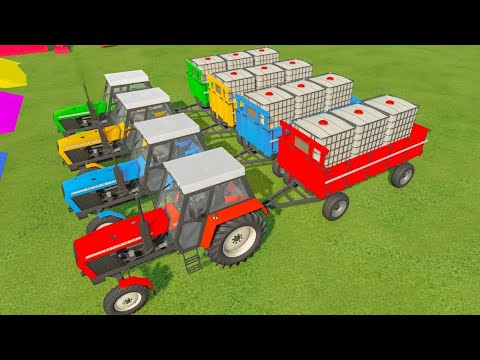 MINI & BIG Epic TRACTORs & BARRELS vs PORTAL TRAP! HARD TRANSPORT - PARKOUR COLORS! ! FS22
