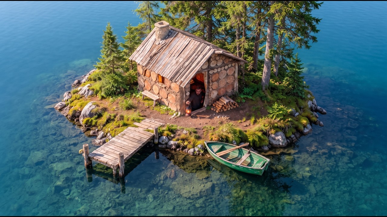 Building a Cozy Log Cabin with a Huge Clay Fireplace on an Island in the Middle of a Lake. Bushcraft