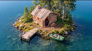 Building a Cozy Log Cabin with a Huge Clay Fireplace on an Island in the Middle of a Lake. Bushcraft