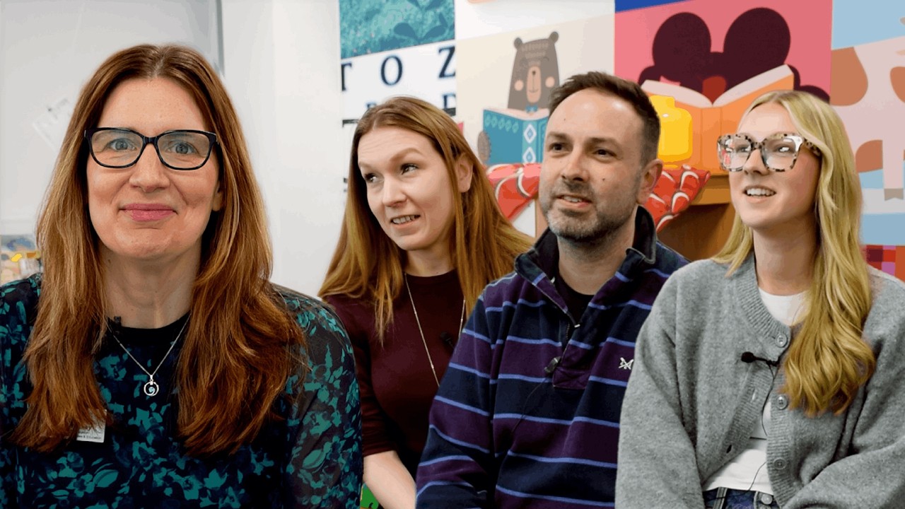 Julia, plus students Stephanie, Matt and Megan on campus