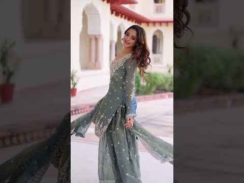 Smoke Gray Fendi Silk Coding Sequins Embroidered Kurti with Sharara & Designer Dupatta – Full Cotton Inner Party & Festive Wear Set