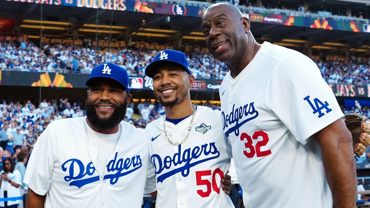 NBA legend Magic Johnson throws out the ceremonial first pitch prior to World Series Game 5 🏀