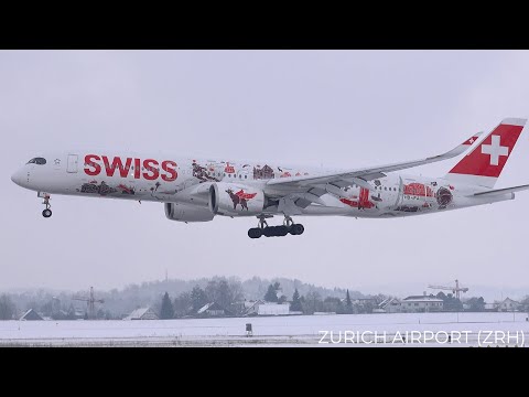 🇨🇭 20 Minutes ZURICH Airport WINTER plane spotting | Snowy Arrivals (ZRH/LSZH)