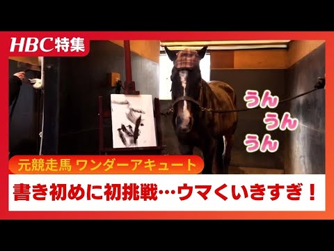 Former racehorse \Wonder Acute\ tries his hand at calligraphy! The character he wrote is the ausp...