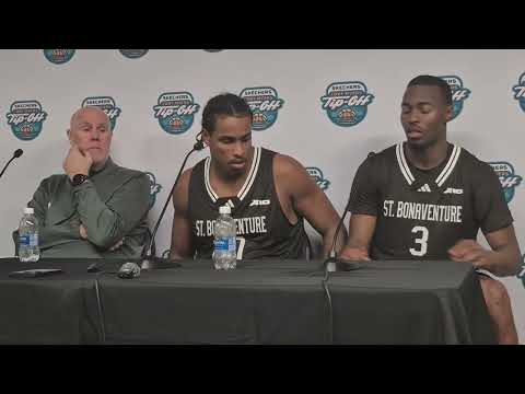 St. Bonaventure coach Mark Schmidt, Frank Mitchell and Daniel Egbuniwe after win over ECU.