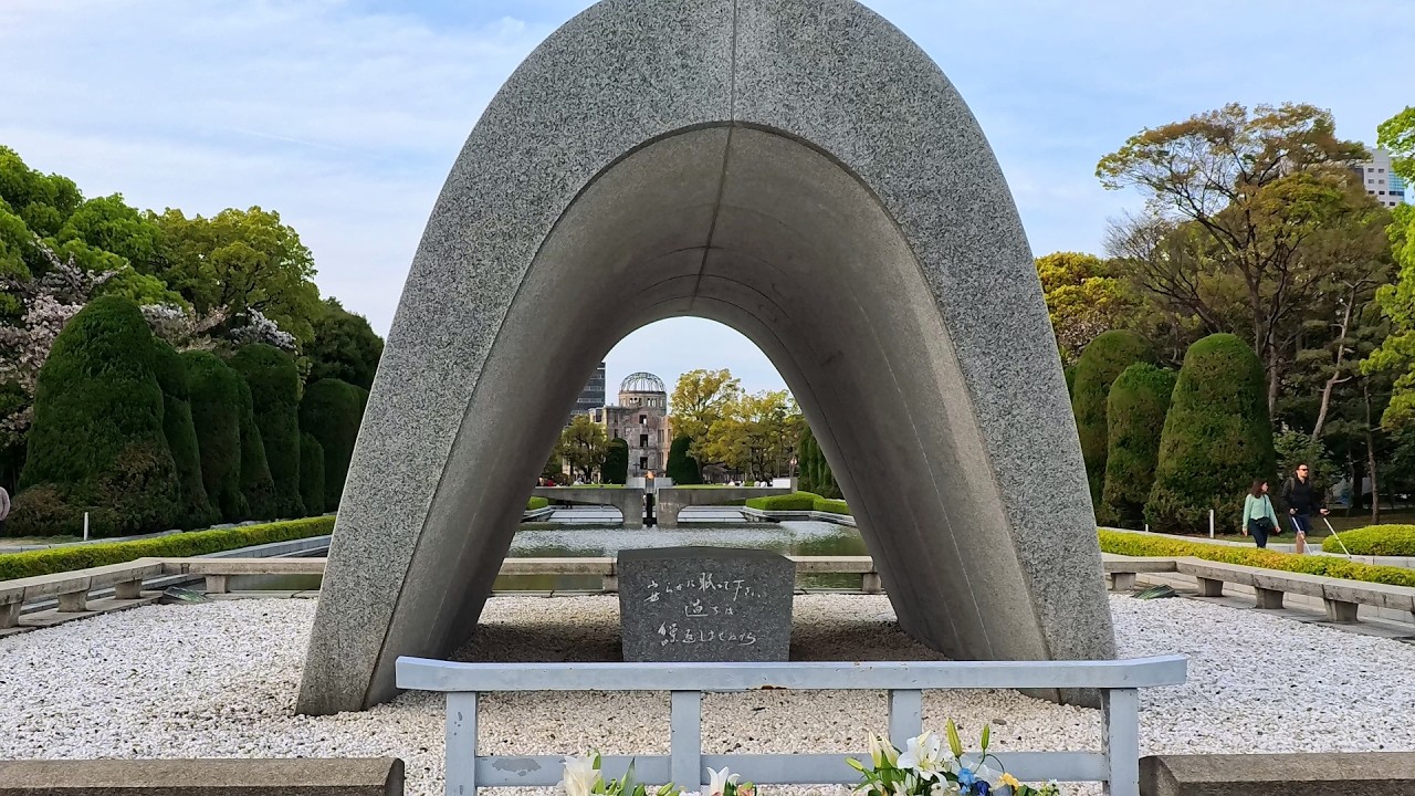 Embark on a virtual tour of the poignant Cenotaph for A-Bomb Victims, nestled in Hiroshima Park.