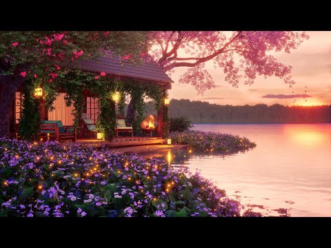 Springtime Sunset Ambience: Cozy Lake Cottage Relaxation 8 Hours Nature Sounds