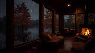 Heavy Rain and Fireplace Ambience in a Peaceful Autumn Forest Cabin for Deep Sleep