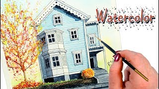 Watercolor Painting of Cute Bay Window House and Autumn Fall Tree