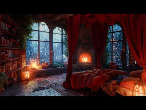 Nighttime Thunderstorm Haven - Rain and Fireplace Sounds - Cozy Castle Ambience | 12 Hours