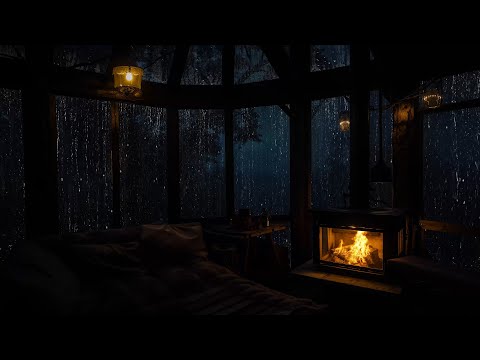 Quiet Night Rain in a Cabin | Fireplace Warmth & Relaxing Sleeping Rain Sounds