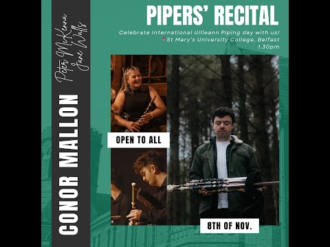 Uilleann Piper Conor Mallon, supported by society members Peter McKenna and Jane Walls