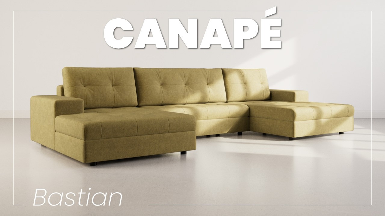 Thumbnail video of the produit Bastian - canapé panoramique en U 7 places convertible avec coffre en velours texturé