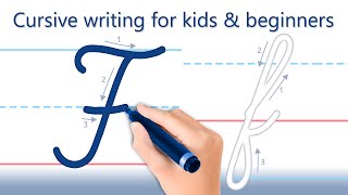 How to write letter "F". Cursive writing for kids and beginners. Handwriting practice.