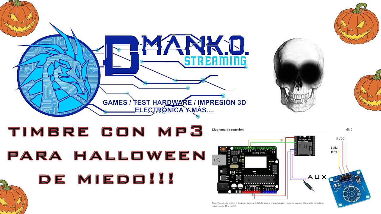 Timbre Halloween mp3 SD Arduino económico a equipo de sonido auxiliar.