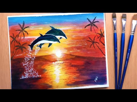 Sunset Dolphin dive | Acrylic painting | Akhi's art