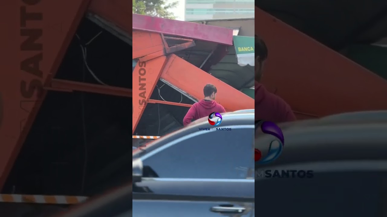 Motorista se assusta com inseto, perde o controle do carro e destrói banca de jornal, em Praia Grande.