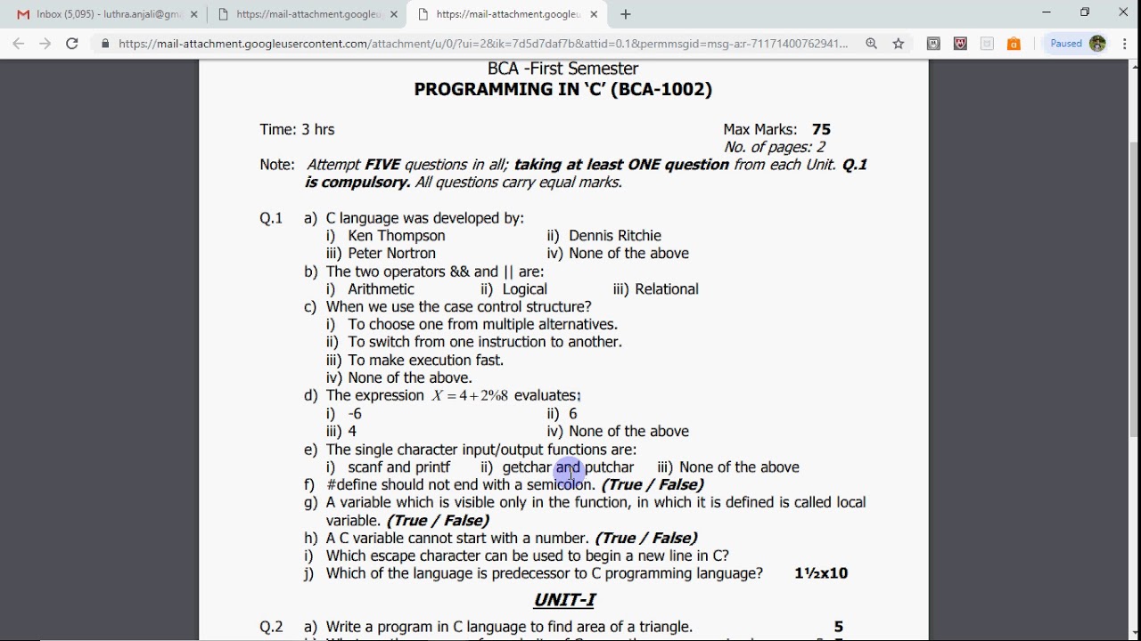 BCA Previous year question Paper for C Language - Solved
