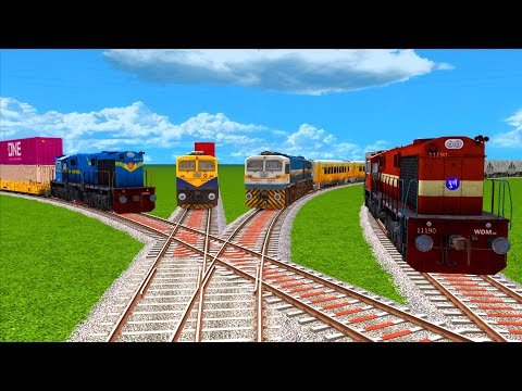 4 DIFFERENT TRAINS CROSSING ON RISKY RAILROAD TRACK | COLORFUL PASSENGER TRAINS #11 -Train Simulator